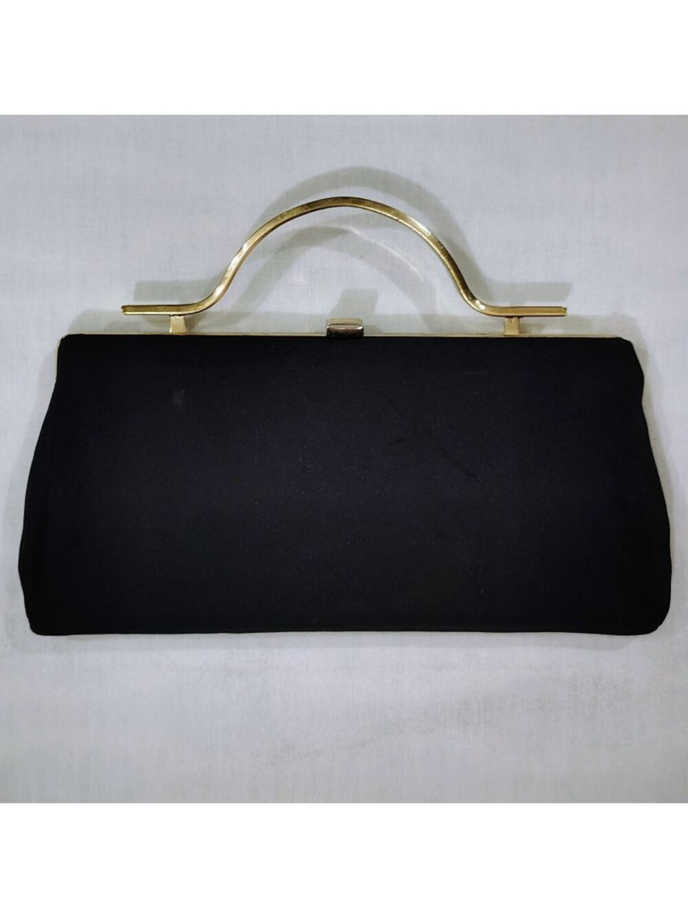 Vintage Black Fabric Evening Clutch Purse Gold Tone Fold Away Handle Formal Bag